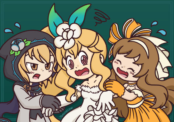 Dragalia Lost fanart depicting Alex in a suit and Julietta in a dress fighting over Elisanne in wedding outfit. I made this in 2017 and since Dragalia Lost closure I have no heart to change it.